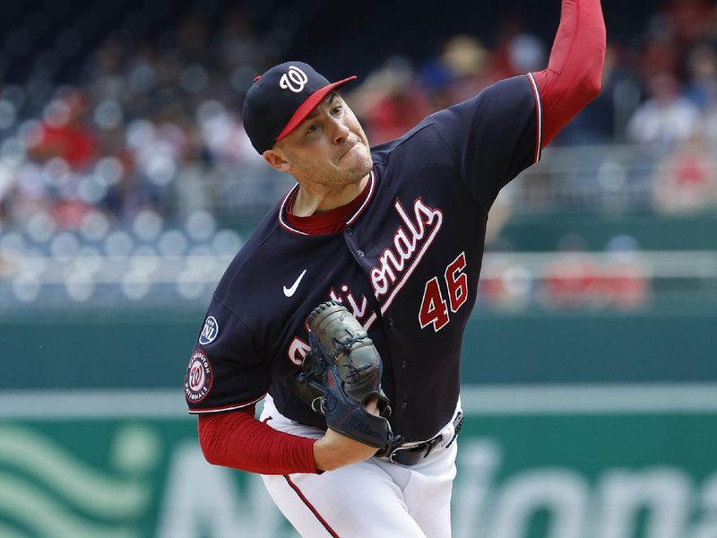 Jul 9, 2023; Washington, District of Columbia, USA; Washington Nationals starting pitcher Patrick Corbin (46) pitches against the Texas Rangers during the first inning at Nationals Park. Mandatory Credit: Geoff Burke-USA TODAY Sports