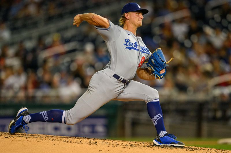 Sep 8, 2023; Washington, District of Columbia, USA; Los Angeles Dodgers starting pitcher Emmet Sheehan (80) throws a pitch during the second inning against the Washington Nationals at Nationals Park. Mandatory Credit: Reggie Hildred-USA TODAY Sports