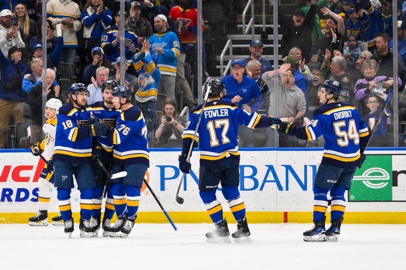Mar 23, 2025; St. Louis, Missouri, USA;  St. Louis Blues center Alexandre Texier (9) is congratulated by center Robert Thomas (18) center Zack Bolduc (76) defenseman Cam Fowler (17) and center Dalibor Dvorsky (54) after scoring against the Nashville Predators during the first period at Enterprise Center. Mandatory Credit: Jeff Curry-Imagn Images