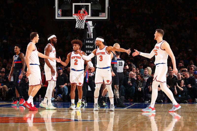 NEW YORK, NY - MARCH 25:  Josh Hart #3 of the New York Knicks is congratulated during the game against the Detroit Pistons on March 25, 2024 at Madison Square Garden in New York City, New York.  NOTE TO USER: User expressly acknowledges and agrees that, by downloading and or using this photograph, User is consenting to the terms and conditions of the Getty Images License Agreement. Mandatory Copyright Notice: Copyright 2024 NBAE  (Photo by David L. Nemec /NBAE via Getty Images)