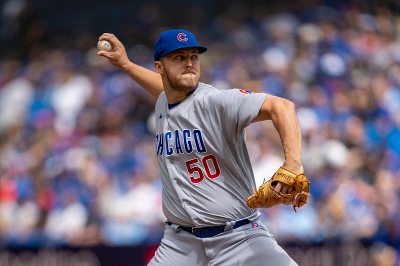 Aug 13, 2023; Toronto, Ontario, CAN; Chicago Cubs starting pitcher Jameson Taillon (50) pitches to the Toronto Blue Jays during the second inning at Rogers Centre. Mandatory Credit: Kevin Sousa-USA TODAY Sports