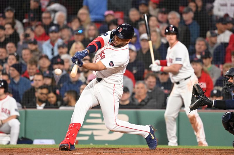 May 16, 2024; Boston, Massachusetts, USA;  Boston Red Sox first baseman Dominic Smith (2) hits a single against the Tampa Bay Rays  during the fourth inning at Fenway Park. Mandatory Credit: Eric Canha-USA TODAY Sports