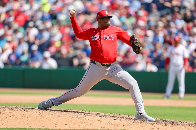 Mar 14, 2024; Clearwater, Florida, USA;  Boston Red Sox relief pitcher Isaiah Campbell (44) throws a pitch against the Philadelphia Phillies in the eighth inning at BayCare Ballpark. Mandatory Credit: Nathan Ray Seebeck-USA TODAY Sports