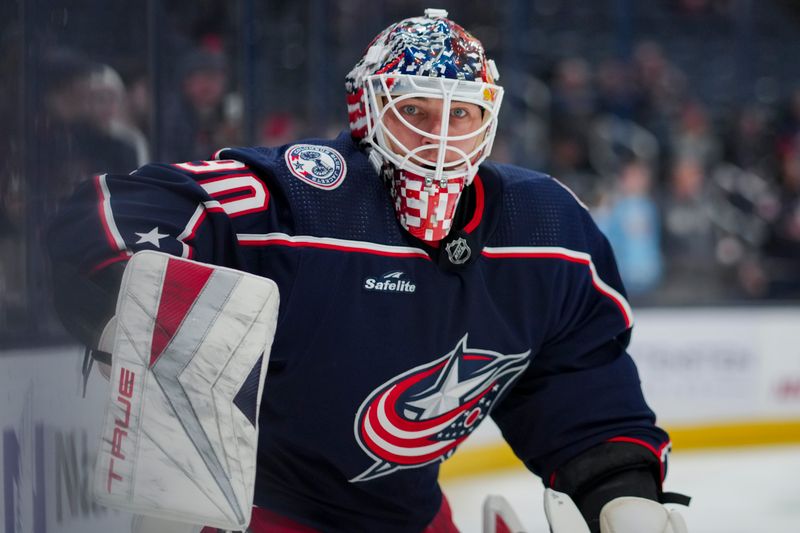 Nov 29, 2023; Columbus, Ohio, USA;  Columbus Blue Jackets goaltender Elvis Merzlikins skates during warmups before a game against the Montreal Canadiens at Nationwide Arena. Mandatory Credit: Aaron Doster-USA TODAY Sports