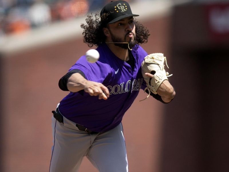 May 18, 2024; San Francisco, California, USA; Colorado Rockies pitcher Justin Lawrence (61) delivers a pitch against the San Francisco Giants during the sixth inning at Oracle Park. Mandatory Credit: D. Ross Cameron-USA TODAY Sports