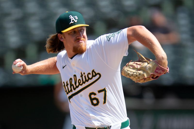 Aug 22, 2024; Oakland, California, USA; Oakland Athletics pitcher Grant Holman (67) delivers a pitch against the Tampa Bay Rays during the seventh inning at Oakland-Alameda County Coliseum. Mandatory Credit: D. Ross Cameron-USA TODAY Sports