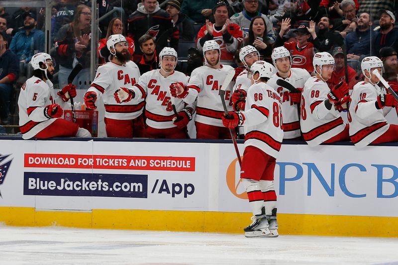 Feb 29, 2024; Columbus, Ohio, USA; Carolina Hurricanes left wing Teuvo Teravainen (86) celebrates his goal against the Columbus Blue Jackets during the second period at Nationwide Arena. Mandatory Credit: Russell LaBounty-USA TODAY Sports