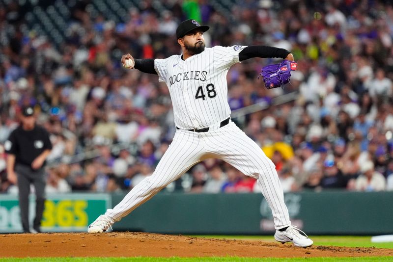 Jun 7, 2025; Denver, Colorado, USA; Colorado Rockies starting starting pitcher German Marquez (48) delivers a pitch in the fourth inning against the New York Mets at Coors Field. Mandatory Credit: Ron Chenoy-Imagn Images