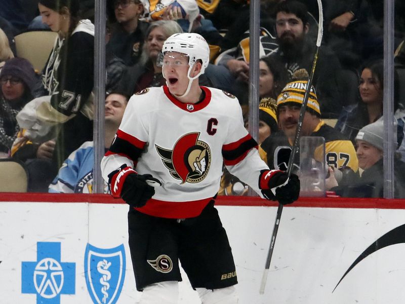 Oct 28, 2023; Pittsburgh, Pennsylvania, USA; Ottawa Senators left wing Brady Tkachuk (7) reacts after scoring his second goal of the game against the Pittsburgh Penguins during the third period at PPG Paints Arena.  Ottawa won 5-2. Mandatory Credit: Charles LeClaire-USA TODAY Sports