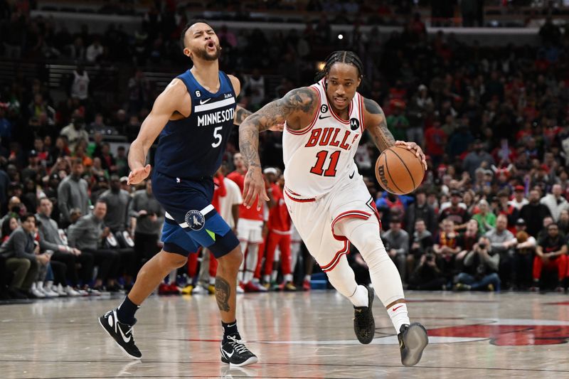 CHICAGO, ILLINOIS - MARCH 17: DeMar DeRozan #11 of the Chicago Bulls against Kyle Anderson #5 of the Minnesota Timberwolves at United Center on March 17, 2023 in Chicago, Illinois.  NOTE TO USER: User expressly acknowledges and agrees that, by downloading and or using this photograph, User is consenting to the terms and conditions of the Getty Images License Agreement.  (Photo by Quinn Harris/Getty Images)