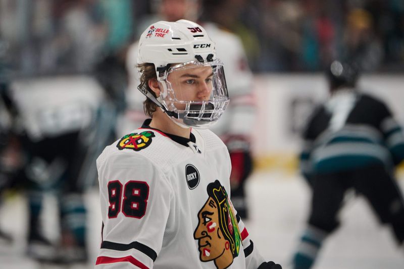 Mar 23, 2024; San Jose, California, USA; Chicago Blackhawks center Connor Bedard (98) warms up before the game between the San Jose Sharks and the Chicago Blackhawks at SAP Center at San Jose. Mandatory Credit: Robert Edwards-USA TODAY Sports