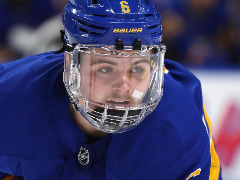 Oct 18, 2025; Buffalo, New York, USA;  Buffalo Sabres left wing Zach Benson (6) waits for the face-off during the second period against the Florida Panthers at KeyBank Center. Mandatory Credit: Timothy T. Ludwig-Imagn Images