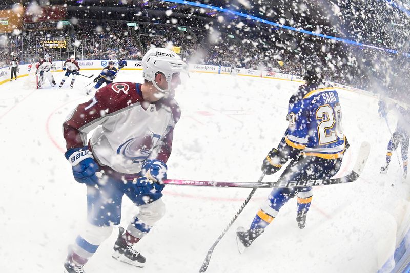 Mar 19, 2024; St. Louis, Missouri, USA;  Colorado Avalanche defenseman Devon Toews (7) skates against St. Louis Blues left wing Brandon Saad (20) during the second period at Enterprise Center. Mandatory Credit: Jeff Curry-USA TODAY Sports