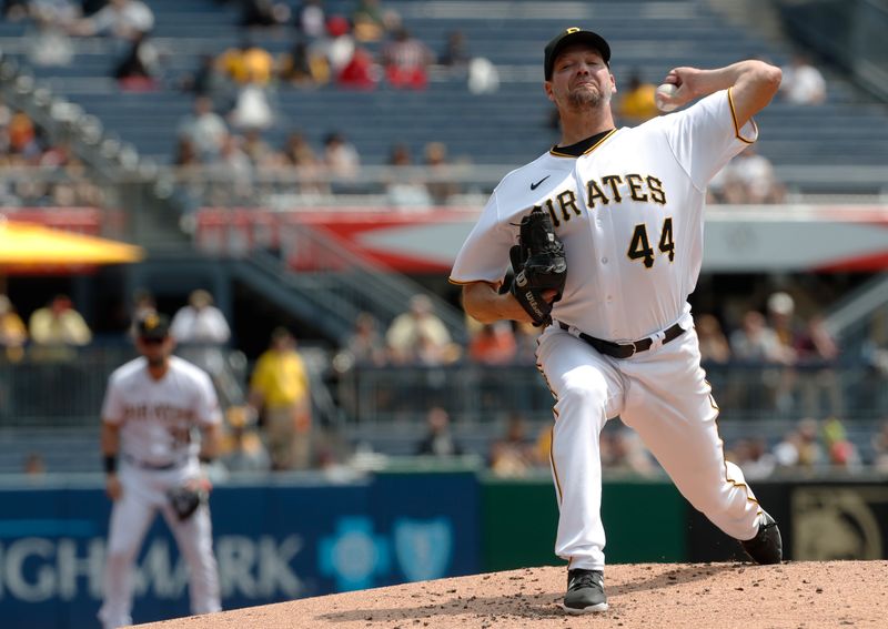 May 10, 2023; Pittsburgh, Pennsylvania, USA;  Pittsburgh Pirates starting pitcher Rich Hill (44) delivers a pitch against the Colorado Rockies during the second inning at PNC Park. Mandatory Credit: Charles LeClaire-USA TODAY Sports