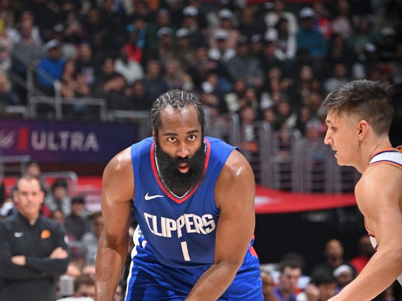 LOS ANGELES, CA - JANUARY 8: James Harden #1 of the LA Clippers handles the ball during the game against the Phoenix Suns on January 8, 2024 at Crypto.Com Arena in Los Angeles, California. NOTE TO USER: User expressly acknowledges and agrees that, by downloading and/or using this Photograph, user is consenting to the terms and conditions of the Getty Images License Agreement. Mandatory Copyright Notice: Copyright 2024 NBAE (Photo by Andrew D. Bernstein/NBAE via Getty Images)