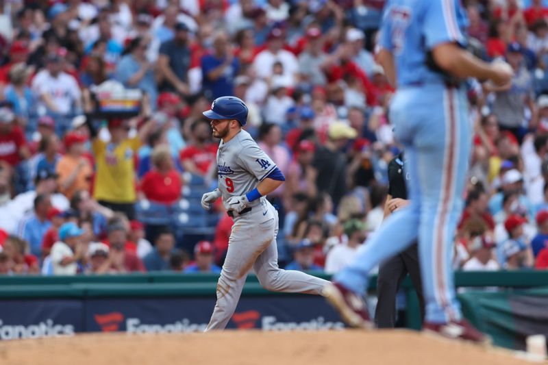 Jul 11, 2024; Philadelphia, Pennsylvania, USA; Los Angeles Dodgers second base Gavin Lux (9) runs the bases after hitting a home run during the fifth inning against the Philadelphia Phillies at Citizens Bank Park. Mandatory Credit: Bill Streicher-USA TODAY Sports