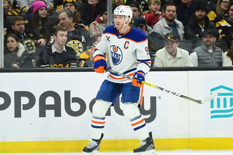 Jan 7, 2025; Boston, Massachusetts, USA; Edmonton Oilers center Connor McDavid (97) skates during the second period against the Boston Bruins at TD Garden. Mandatory Credit: Bob DeChiara-Imagn Images