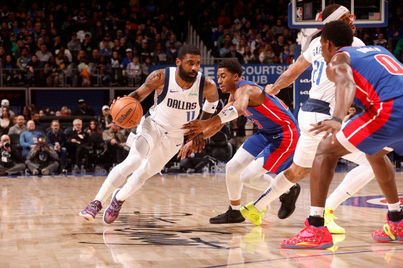 DETROIT, MI - MARCH 9: Kyrie Irving #11 of the Dallas Mavericks drives to the basket during the game against the Detroit Pistons on March 9, 2024 at Little Caesars Arena in Detroit, Michigan. NOTE TO USER: User expressly acknowledges and agrees that, by downloading and/or using this photograph, User is consenting to the terms and conditions of the Getty Images License Agreement. Mandatory Copyright Notice: Copyright 2024 NBAE (Photo by Brian Sevald/NBAE via Getty Images)