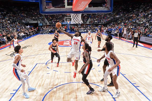 DETROIT, MI - NOVEMBER 1: Isaiah Stewart #28 of the Detroit Pistons grabs a rebound during the game against the Portland Trail Blazers on November 1, 2023 at Little Caesars Arena in Detroit, Michigan. NOTE TO USER: User expressly acknowledges and agrees that, by downloading and/or using this photograph, User is consenting to the terms and conditions of the Getty Images License Agreement. Mandatory Copyright Notice: Copyright 2023 NBAE (Photo by Chris Schwegler/NBAE via Getty Images)