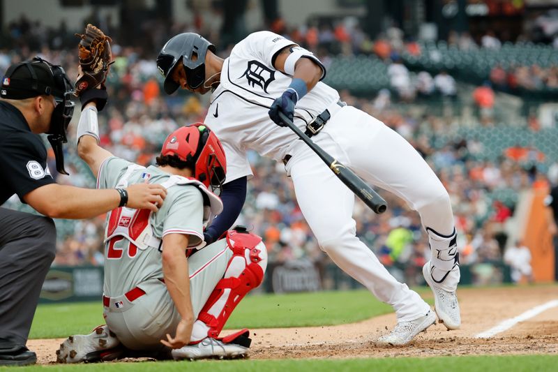 Jun 26, 2024; Detroit, Michigan, USA;  Detroit Tigers left fielder Justyn-Henry Malloy (44) reacts after an inside pitch against the Philadelphia Phillies in the seventh inning at Comerica Park. Mandatory Credit: Rick Osentoski-USA TODAY Sports