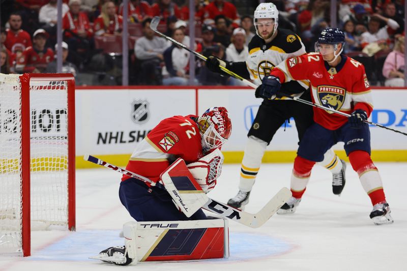 Oct 8, 2024; Sunrise, Florida, USA; Florida Panthers goaltender Sergei Bobrovsky (72) makes a save against the Boston Bruins during the first period at Amerant Bank Arena. Mandatory Credit: Sam Navarro-Imagn Images