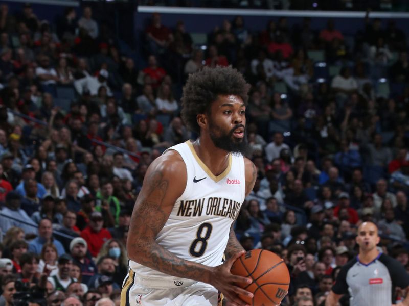 NEW ORLEANS, LA - FEBRUARY 22: Naji Marshall #8 of the New Orleans Pelicans drives to the basket during the game against the Houston Rockets on February 22, 2024 at the Smoothie King Center in New Orleans, Louisiana. NOTE TO USER: User expressly acknowledges and agrees that, by downloading and or using this Photograph, user is consenting to the terms and conditions of the Getty Images License Agreement. Mandatory Copyright Notice: Copyright 2024 NBAE (Photo by Layne Murdoch Jr./NBAE via Getty Images)