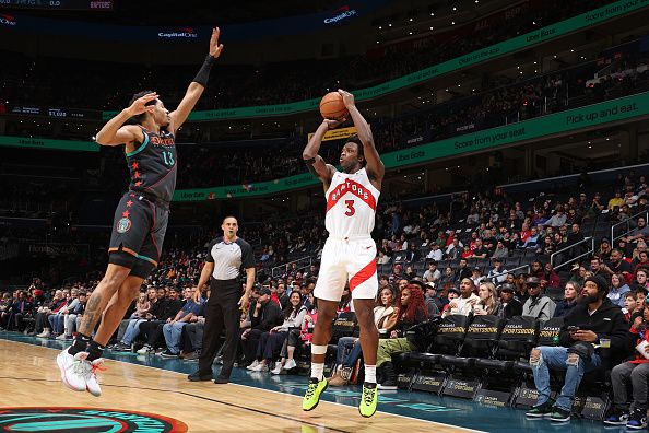 WASHINGTON, DC -? DECEMBER 27: OG Anunoby #3 of the Toronto Raptors shoots a three point basket during the game against the Washington Wizards on December 27, 2023 at Capital One Arena in Washington, DC. NOTE TO USER: User expressly acknowledges and agrees that, by downloading and or using this Photograph, user is consenting to the terms and conditions of the Getty Images License Agreement. Mandatory Copyright Notice: Copyright 2023 NBAE (Photo by Stephen Gosling/NBAE via Getty Images)