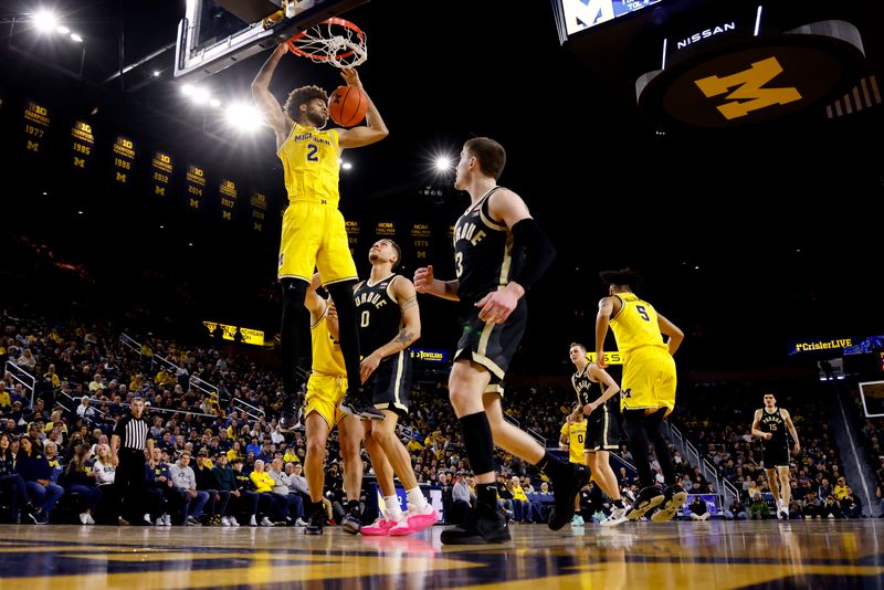 Feb 25, 2024; Ann Arbor, Michigan, USA;  Michigan Wolverines forward Tray Jackson (2) dunks in the first half against the Purdue Boilermakers at Crisler Center. Mandatory Credit: Rick Osentoski-USA TODAY Sports