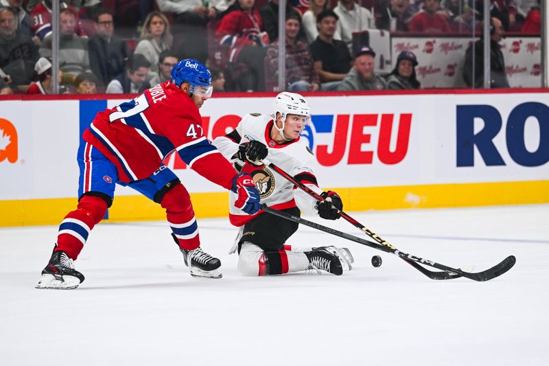 Oct 1, 2024; Montreal, Quebec, CAN; Montreal Canadiens defenseman Jayden Struble (47) defends the puck against Ottawa Senators center Tim Stutzle (18) during the first period at Bell Centre. Mandatory Credit: David Kirouac-Imagn Images