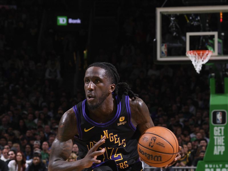 BOSTON, MA - FEBRUARY 1:  Taurean Prince #12 of the Los Angeles Lakers handles the ball during the game  against the Boston Celtics on February 1, 2024 at the TD Garden in Boston, Massachusetts. NOTE TO USER: User expressly acknowledges and agrees that, by downloading and or using this photograph, User is consenting to the terms and conditions of the Getty Images License Agreement. Mandatory Copyright Notice: Copyright 2024 NBAE  (Photo by Brian Babineau/NBAE via Getty Images)