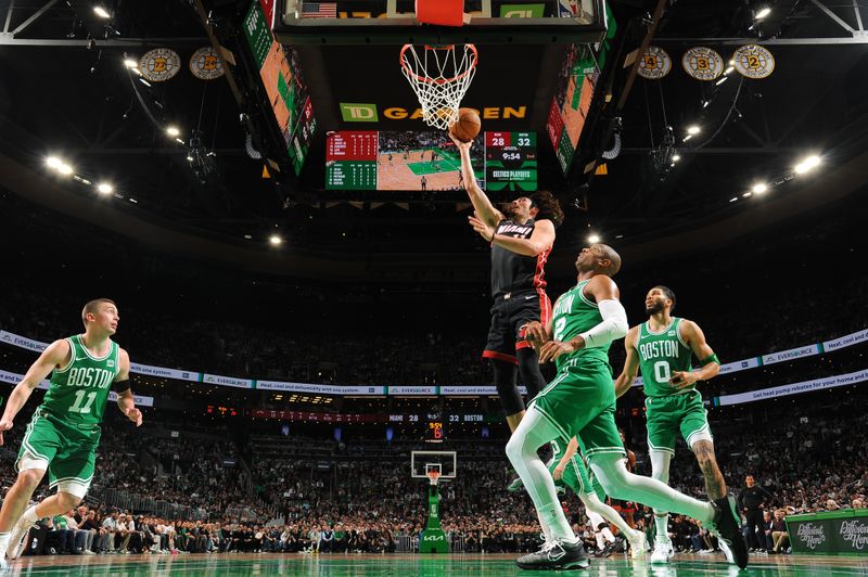 BOSTON, MA - APRIL 24: Jaime Jaquez Jr. #11 of the Miami Heat goes to the basket during the game against the Boston Celtics during Round 1 Game 2 of the 2024 NBA Playoffs on April 24, 2024 at the TD Garden in Boston, Massachusetts. NOTE TO USER: User expressly acknowledges and agrees that, by downloading and or using this photograph, User is consenting to the terms and conditions of the Getty Images License Agreement. Mandatory Copyright Notice: Copyright 2024 NBAE  (Photo by Brian Babineau/NBAE via Getty Images)