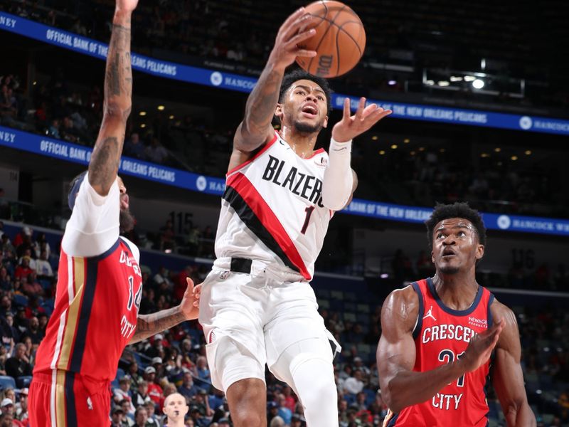 CHICAGO, IL - NOVEMBER 4: Anfernee Simons #1 of the Portland Trail Blazers drives to the basket during the game against the New Orleans Pelicans on November 4, 2024 at Smoothie King Center in New Orleans, Louisiana. NOTE TO USER: User expressly acknowledges and agrees that, by downloading and or using this photograph, User is consenting to the terms and conditions of the Getty Images License Agreement. Mandatory Copyright Notice: Copyright 2024 NBAE (Photo by Jeff Haynes/NBAE via Getty Images)