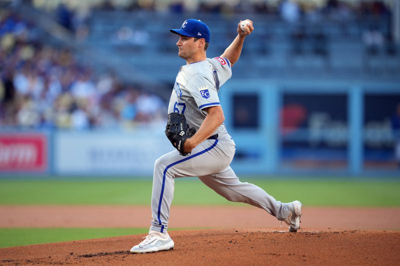 Jun 15, 2024; Los Angeles, California, USA; Kansas City Royals starting pitcher Seth Lugo (67) throws in the first inning against the Los Angeles Dodgers at Dodger Stadium. Mandatory Credit: Kirby Lee-USA TODAY Sports