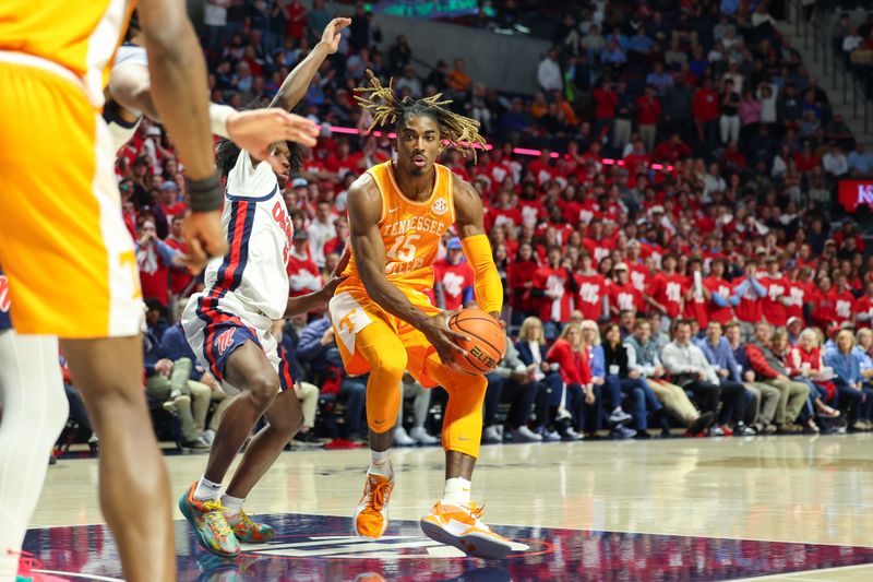 Mar 5, 2025; Oxford, Mississippi, USA; Tennessee Volunteers guard Jahmai Mashack (15) handles the ball against the Mississippi Rebels during the first half at The Sandy and John Black Pavilion at Ole Miss. Mandatory Credit: Wesley Hale-Imagn Images