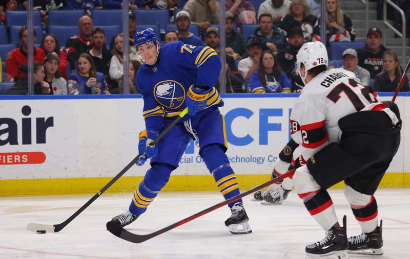 Nov 5, 2024; Buffalo, New York, USA;  Buffalo Sabres center Tage Thompson (72) takes a shot on goal during the second period against the Ottawa Senators at KeyBank Center. Mandatory Credit: Timothy T. Ludwig-Imagn Images