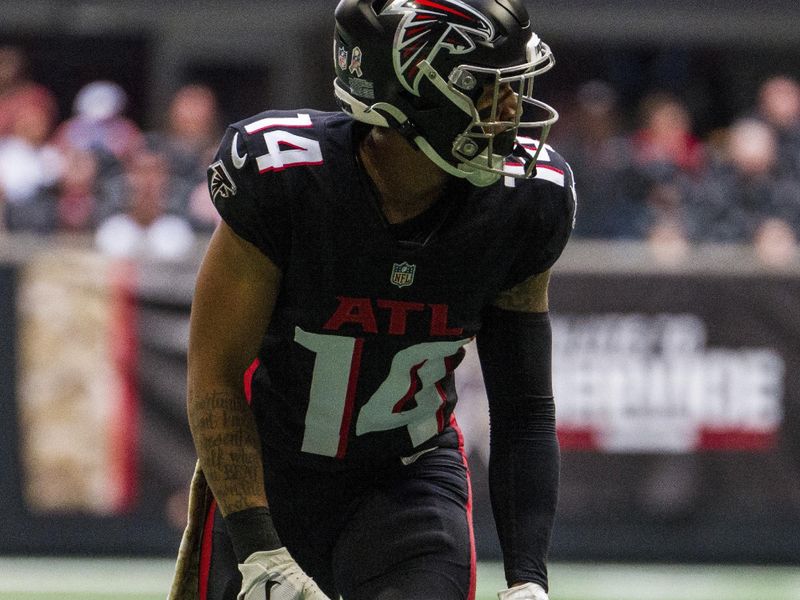 Atlanta Falcons wide receiver Damiere Byrd (14) lines up during the first half of an NFL football game against the Los Angeles Chargers, Sunday, Nov. 6, 2022, in Atlanta. The Los Angeles Chargers won 20-17. (AP Photo/Danny Karnik)