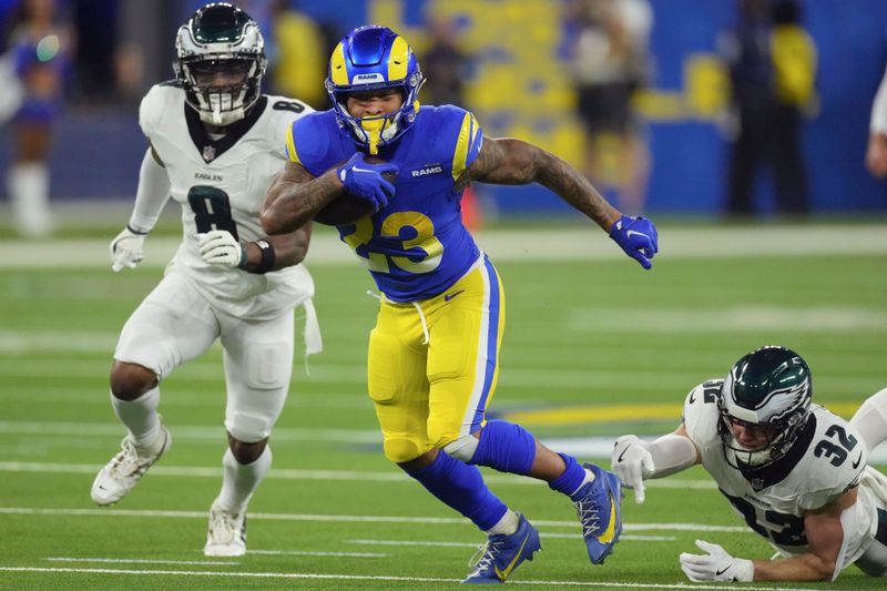 Los Angeles Rams running back Kyren Williams (23) runs against the Philadelphia Eagles during the first half of an NFL football game in Inglewood, Calif., Sunday, Nov. 24, 2024. (AP Photo/Mark J. Terrill)