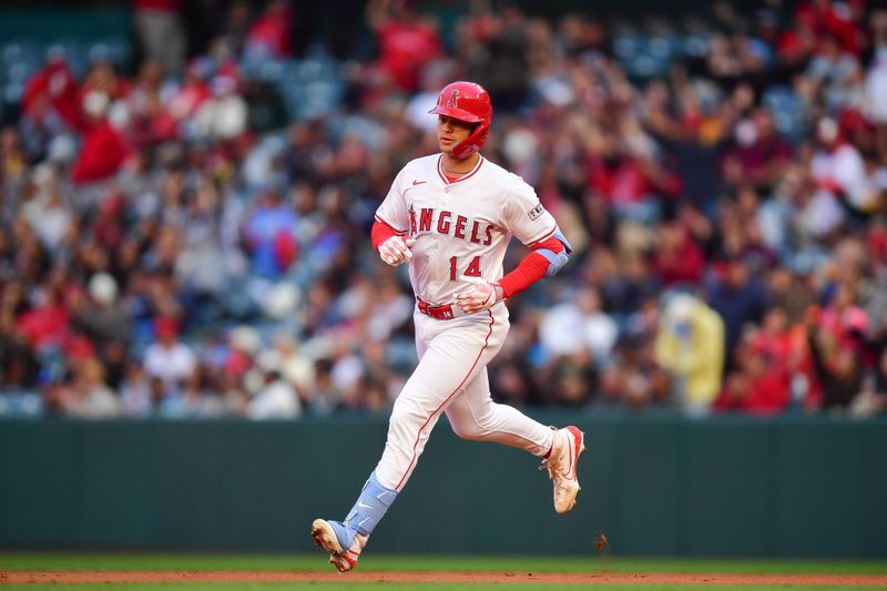 May 1, 2025; Anaheim, California, USA; Los Angeles Angels designated hitter Logan O'Hoppe (14) runs the bases after hitting a solo home run against the Detroit Tigers during the second inning at Angel Stadium. Mandatory Credit: Gary A. Vasquez-Imagn Images