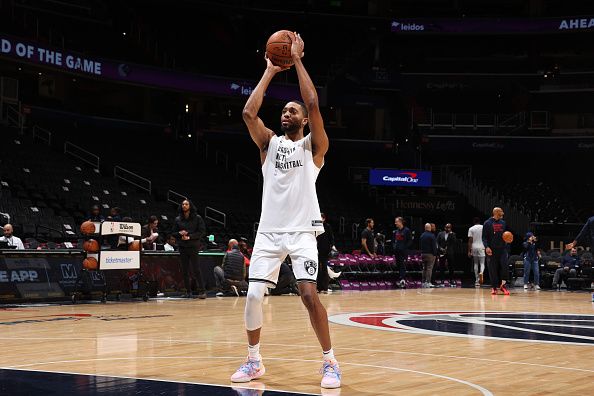 WASHINGTON, DC -? DECEMBER 29: Mikal Bridges #1 of the Brooklyn Nets warms up before the game against the Washington Wizards on December 29, 2023 at Capital One Arena in Washington, DC. NOTE TO USER: User expressly acknowledges and agrees that, by downloading and or using this Photograph, user is consenting to the terms and conditions of the Getty Images License Agreement. Mandatory Copyright Notice: Copyright 2023 NBAE (Photo by Stephen Gosling/NBAE via Getty Images)