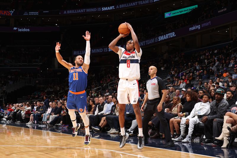 WASHINGTON, DC -? OCTOBER 18: Bub Carrington #8 of the Washington Wizards three point basket during the game against the New York Knicks on October 18, 2024 at Capital One Arena in Washington, DC. NOTE TO USER: User expressly acknowledges and agrees that, by downloading and or using this Photograph, user is consenting to the terms and conditions of the Getty Images License Agreement. Mandatory Copyright Notice: Copyright 2024 NBAE (Photo by Stephen Gosling/NBAE via Getty Images)