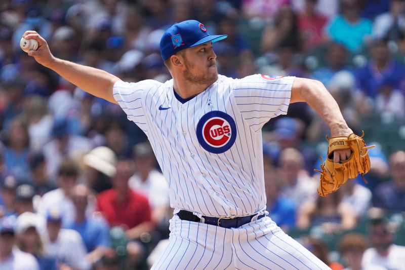 Jun 18, 2023; Chicago, Illinois, USA; Chicago Cubs starting pitcher Jameson Taillon (50) throws the ball against the Baltimore Orioles during the first inning at Wrigley Field. Mandatory Credit: David Banks-USA TODAY Sports