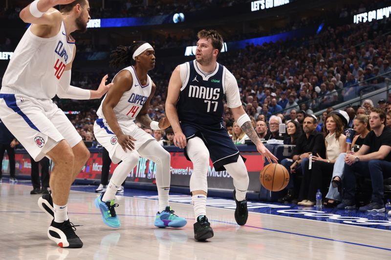 DALLAS, TX - APRIL 28: Luka Doncic #77 of the Dallas Mavericks dribbles the ball during the game against the LA Clippers during Round 1 Game 4 of the 2024 NBA Playoffs on April 28, 2024 at the American Airlines Center in Dallas, Texas. NOTE TO USER: User expressly acknowledges and agrees that, by downloading and or using this photograph, User is consenting to the terms and conditions of the Getty Images License Agreement. Mandatory Copyright Notice: Copyright 2024 NBAE (Photo by Tim Heitman/NBAE via Getty Images)