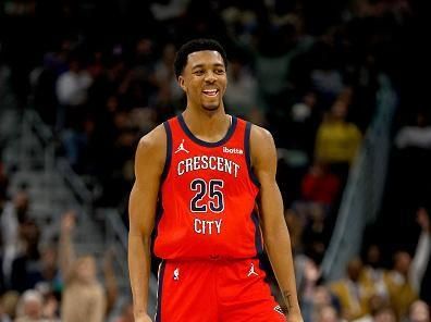 NEW ORLEANS, LOUISIANA - DECEMBER 23:  Trey Murphy III #25 of the New Orleans Pelicans reacts after scoring a three point basket during the second quarter of an NBA game against the Houston Rockets at Smoothie King Center on December 23, 2023 in New Orleans, Louisiana. NOTE TO USER: User expressly acknowledges and agrees that, by downloading and or using this photograph, User is consenting to the terms and conditions of the Getty Images License Agreement. (Photo by Sean Gardner/Getty Images)