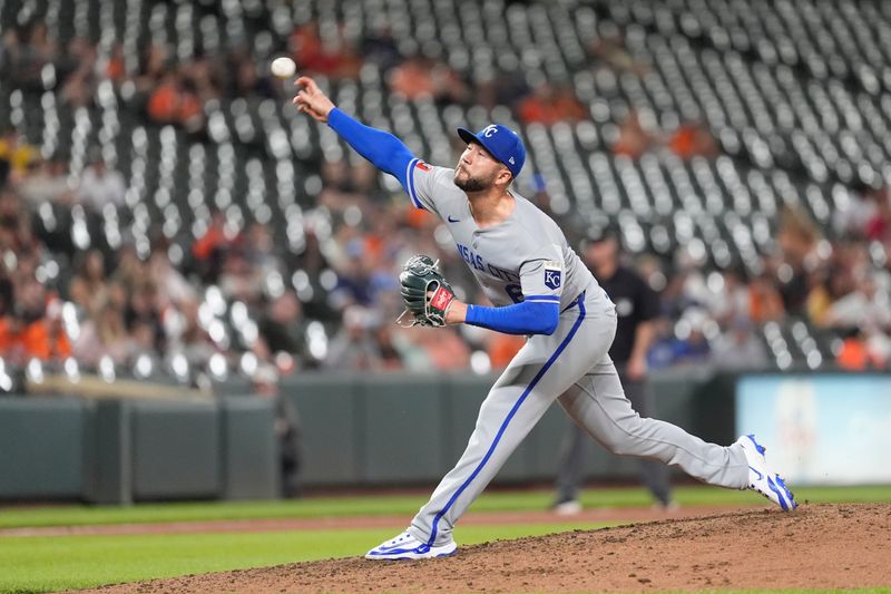 May 3, 2025; Baltimore, Maryland, USA; Kansas City Royals pitcher Lucas Erceg (60) delivers a pitch against the Baltimore Orioles during the eighth inning at Oriole Park at Camden Yards. Mandatory Credit: Gregory Fisher-Imagn Images