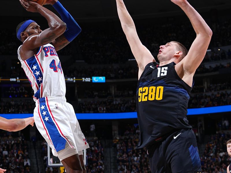 DENVER, CO - JANUARY 27: Nikola Jokic #15 of the Denver Nuggets plays defense during the game against the Philadelphia 76ers on January 27, 2024 at the Ball Arena in Denver, Colorado. NOTE TO USER: User expressly acknowledges and agrees that, by downloading and/or using this Photograph, user is consenting to the terms and conditions of the Getty Images License Agreement. Mandatory Copyright Notice: Copyright 2024 NBAE (Photo by Garrett Ellwood/NBAE via Getty Images)