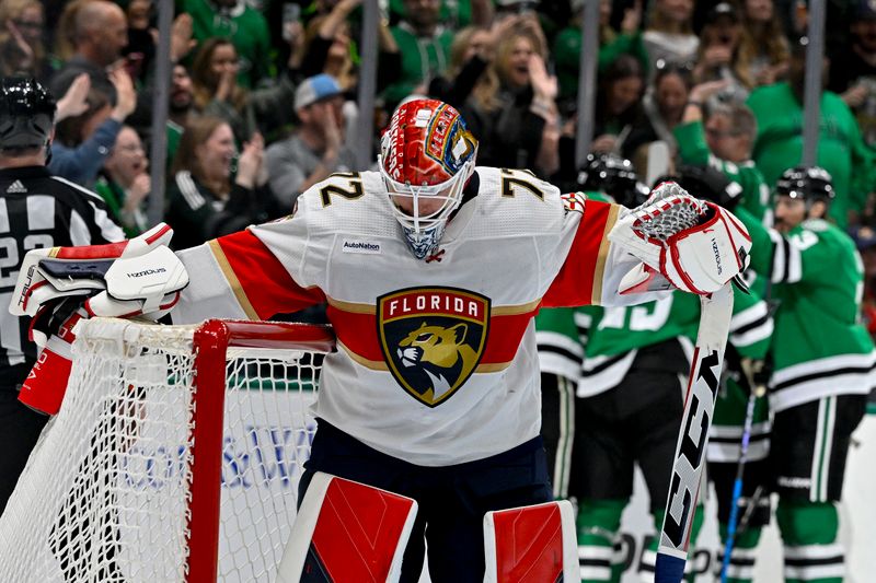 Mar 12, 2024; Dallas, Texas, USA; Florida Panthers goaltender Sergei Bobrovsky (72) looks down after giving up a goal to Dallas Stars center Wyatt Johnston (53) during the second period at the American Airlines Center. Mandatory Credit: Jerome Miron-USA TODAY Sports