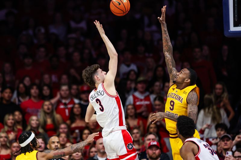 Mar 4, 2025; Tucson, Arizona, USA; Arizona Wildcats guard Anthony Dell’Orso (3) shoots the ball over Arizona State Sun Devils center Shawn Philips Jr. (9) during the first half at McKale Center. Mandatory Credit: Aryanna Frank-Imagn Images