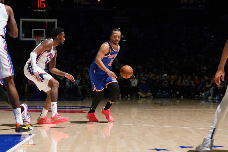 PHILADELPHIA, PA - JANUARY 15: Jalen Brunson #11 of the New York Knicks dribbles the ball during the game against the Philadelphia 76ers on January 15, 2025 at the Wells Fargo Center in Philadelphia, Pennsylvania NOTE TO USER: User expressly acknowledges and agrees that, by downloading and/or using this Photograph, user is consenting to the terms and conditions of the Getty Images License Agreement. Mandatory Copyright Notice: Copyright 2025 NBAE (Photo by Jesse D. Garrabrant/NBAE via Getty Images)