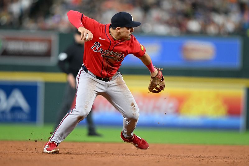 Sep 19, 2025; Detroit, Michigan, USA; Atlanta Braves third baseman Nacho Alvarez Jr. (67) throws out a Detroit Tigers batter on a ground ball in the fifth inning at Comerica Park. Mandatory Credit: Lon Horwedel-Imagn Images