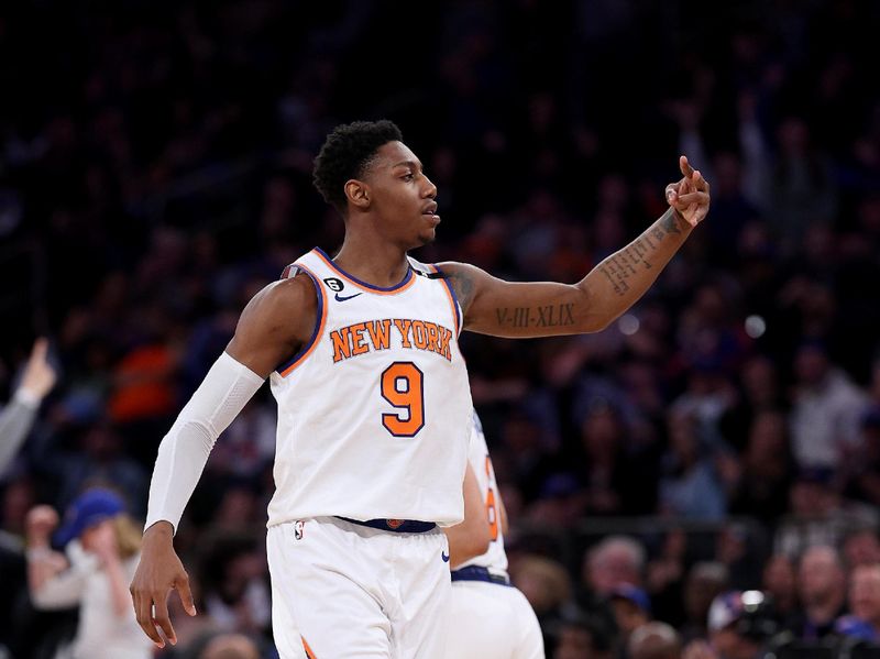 NEW YORK, NEW YORK - APRIL 09:  RJ Barrett #9 of the New York Knicks celebrates teammate Quentin Grimes' three point shot in the fourth quarter against the Indiana Pacers at Madison Square Garden on April 09, 2023 in New York City. NOTE TO USER: User expressly acknowledges and agrees that, by downloading and or using this photograph, User is consenting to the terms and conditions of the Getty Images License Agreement. (Photo by Elsa/Getty Images)